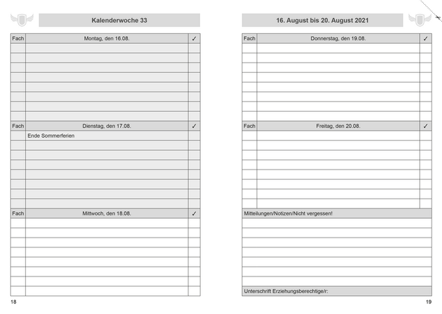 Beispiel-Layout eines Wochenplanes im Schuljahresplaner